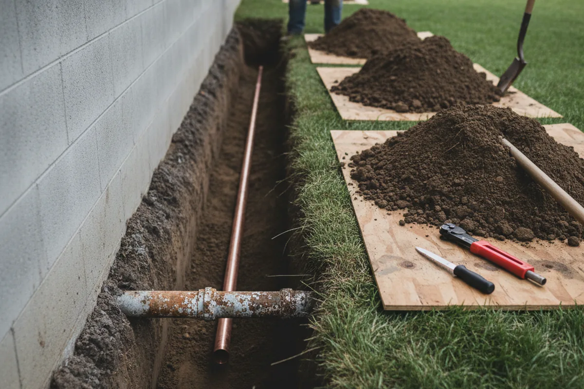 Excavated water line trench during Sewer Line Repair in Comer